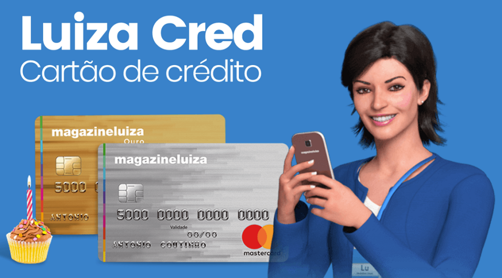 2 tarjetas de crédito Magazine Luiza en plata y oro, Magalu avatar con smartphone.