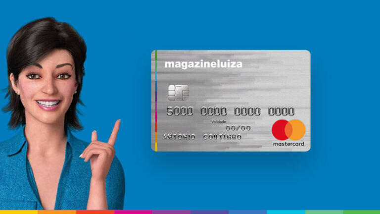 Personagem da rede Magalu sorrindo e apontando para o cartão de crédito Magazine Luiza