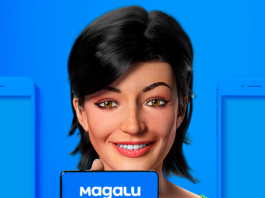 Personagem Lu, sorridente segurando o celular com o app do Magalu